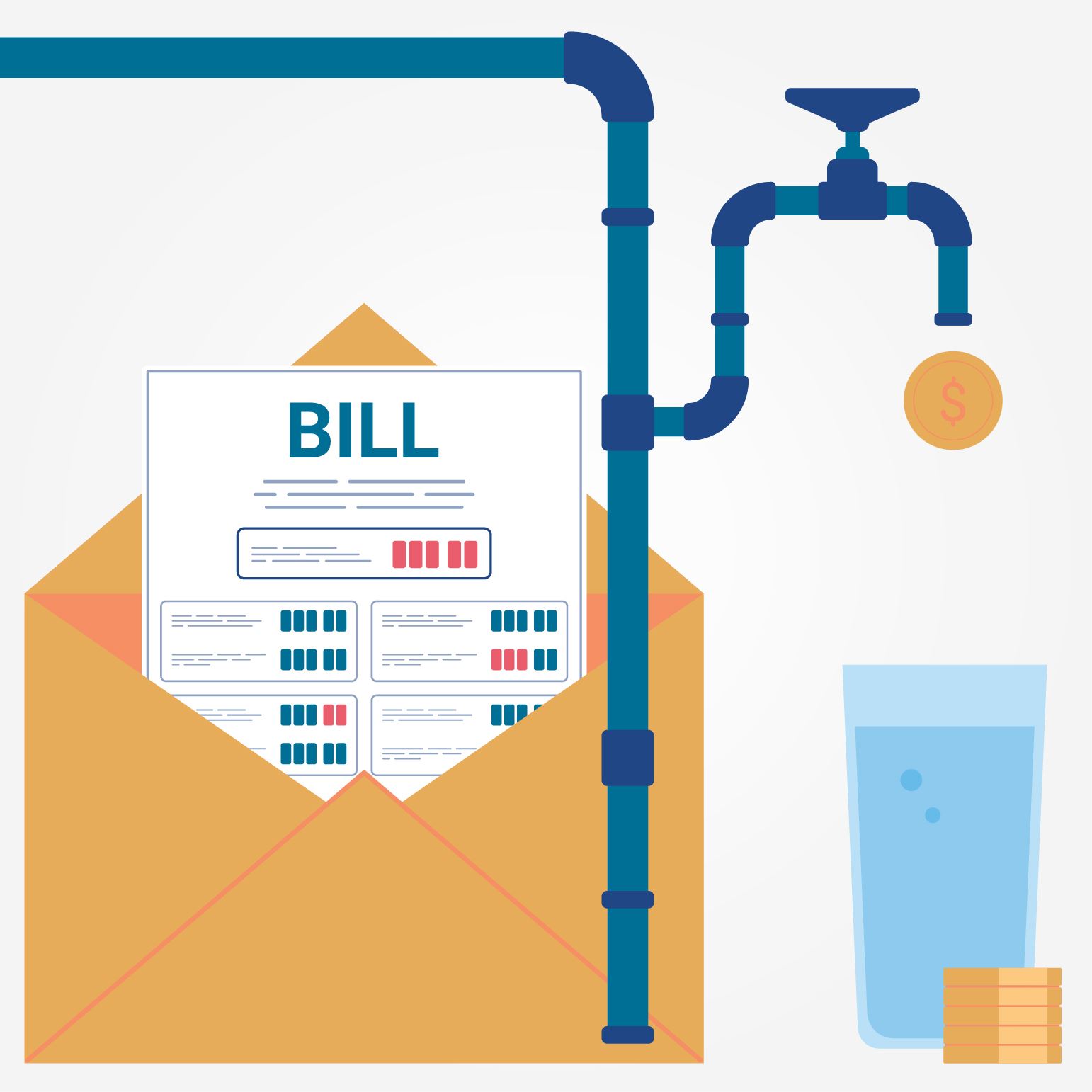 image of water faucet dripping coins into a water glass with a utility bill coming in an envelope